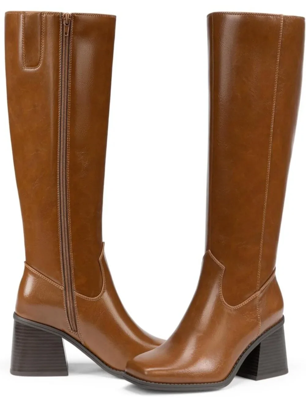 Women's Tan Chunky Block Heel Square Toe Side Zipper Knee High Boots